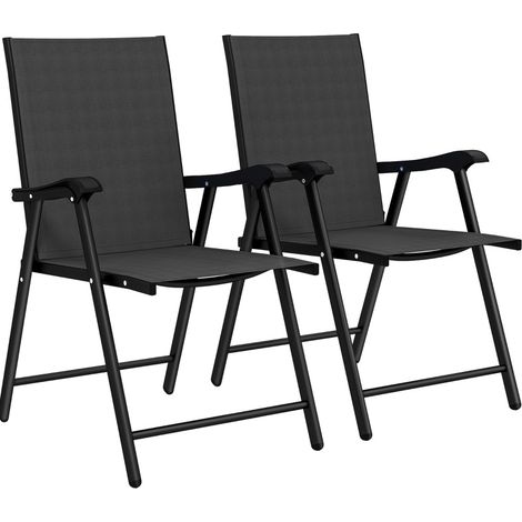 Set de 2 chaises pliantes de jardin en acier et textilène noir avec dossier haut et accoudoirs (1/5)