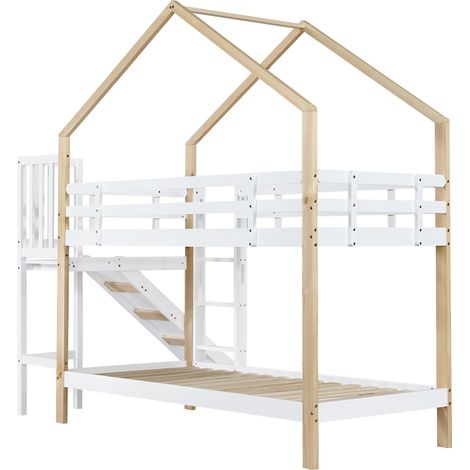 Lit superposé avec toboggan et échelle d'accès en angle à trois marches, lit maison avec protection antichute, lit enfant, cadre de lit en bois massif, blanc+naturel, 90x200cm [30955960NAA] (1/5)