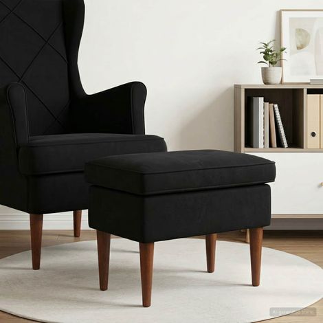 Pouf repose-pieds noir en velours et bois massif 55 x 35 x 41 cm - PANGIVO (1/5)