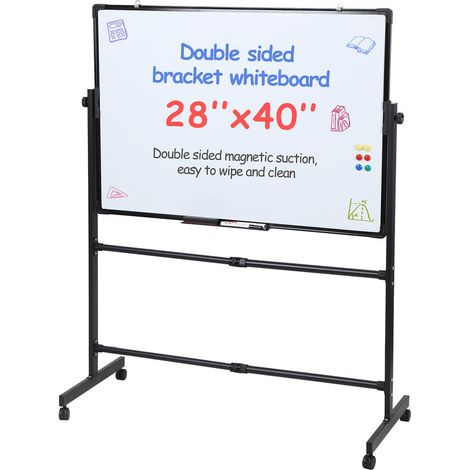 FIANAO - Tableau blanc magnétique double face - Blanc + Blanc, effaçable, rotatif, mobile - 70 x 100 cm - Comprend un support, un aimant, un marqueur et une gomme (1/5)