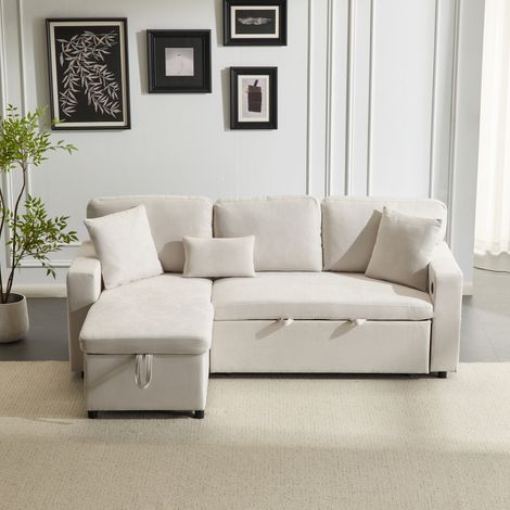 Canapé d'angle convertible en flanelle beige 214x131 cm avec méridienne réversible, USB et rangement (1/5)