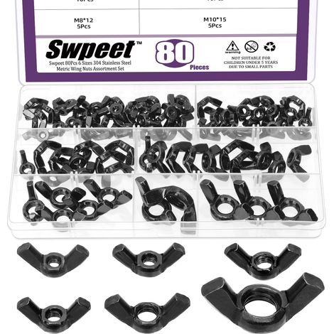 80Pcs 6Sizes M3 M4 M5 M6 M8 M10 Métric noir 304 en acier inoxydable écrous d'aile Kit d'assortiment d'écrous de papillon, Torsion à la main serrer l'oreille écrou papillon de fixation en métal (1/5)