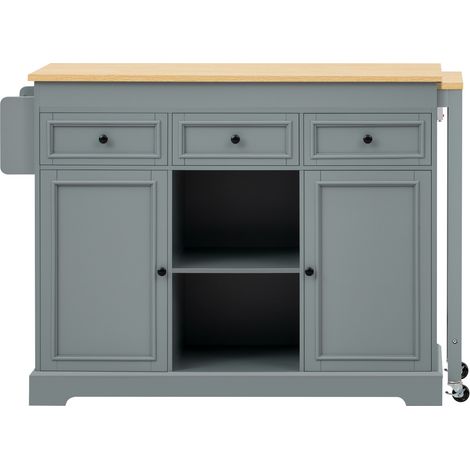 Îlot de cuisine mobile gris avec plateau extensible, rangement épices et tiroirs, roulettes freestanding (1/5)