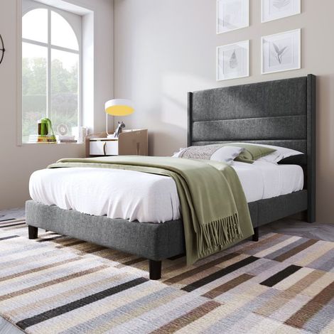 Lit coffre - SINGULARITY - WF212857AAE Gris 90x200 - Housse lin gris - Sommier à lattes inclus - Tête de lit rembourrée (1/5)