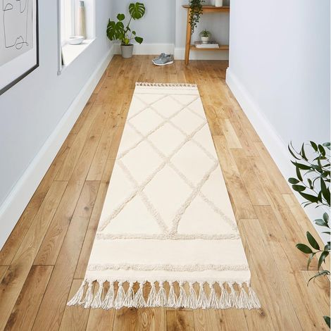 Tapis de Couloir Style bohème Beige touffeté en Coton avec Pompons tissés Lavable - pour Salle de Bain, Cuisine, Salon, Chambre à Coucher, Couloir (Beige, 180 x 60 cm (Rechteckig)) (1/5)