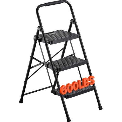 Escabeau Pliant 3 Marches Marchepied Pliable Charge 272 kg Échelle Domestique en Acier pour Cuisine, Bureau, Travaux Ménagers, avec Large Marche Antidérapante, Poignée, Léger et Portable, Noir (1/5)