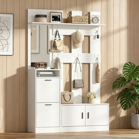 Appendiabiti da ingresso in MDF bianco con 6 ganci, specchio e scarpiera integrata, 120 x 30 x 180 cm, con panca e armadio (1/5)