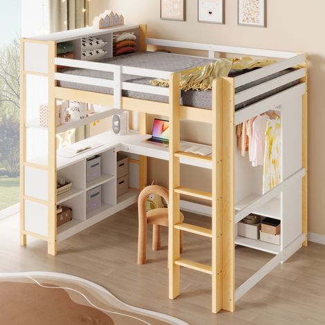 Lit mezzanine, avec étagères, avec matelas, naturel, 140 x 200 cm, pour bureau, sans matelas, plusieurs compartiments de rangement, armoire