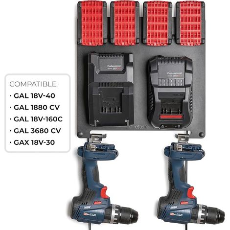Metal wall mount for 18 V batteries and chargers • Compatible with GAL 18V-40, GAL 18V-160C, 1880 HP, 3680 HP and GAX 18V-30 • Charging station • Drill hook (1/3)