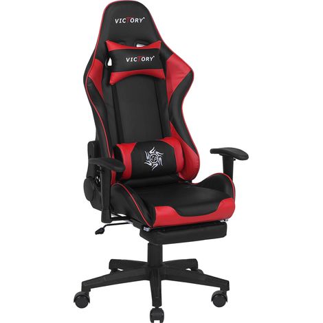 Gaming Chair Black Red Faux Leather Swivel Adjustable Armrests and Height Footrest Modern VICTORY
