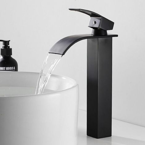 Robinetterie Cascade Noir avec Haut Bec, Mitigeur Lavabo Mono-trou en Cuivre, Mélangeur à Levier Unique pour Eau Chaude et Froide dans la Salle de Bain (1/4)