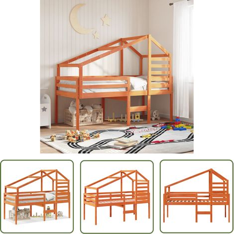 The Living Store Hochbett mit Dach Wachsbraun 80x200 cm Massivholz Kiefer - Kinderbett - Hochbett - Holzbett - Kiefernholzbett - Jugendzimmer (1/5)