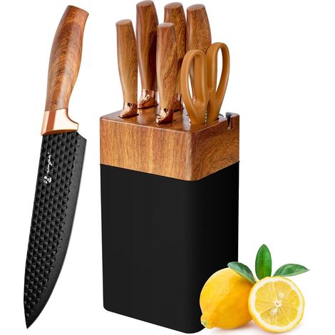 6 Piece Kitchen Knife Block with Built-in Sharpener, Stainless Steel Knife Set Including Chef's Knife, Bread, Utility Fillet, and Office (1/5)