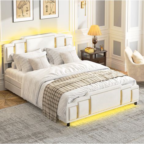 Bett Doppelbett Stauraum 140x200 Samt Beige OKMYHOME (1/5)