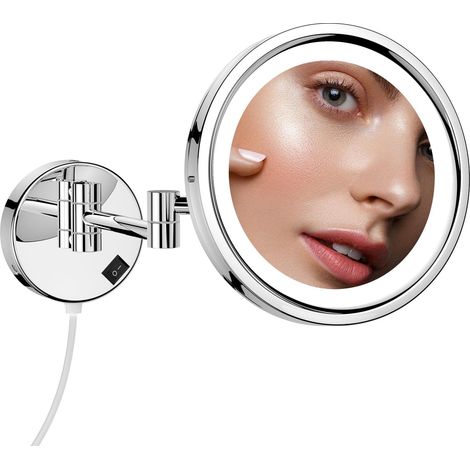Miroir Maquillage Lumineux - Miroir Grossissant x10 Mural - 3 Couleurs de Lumière Commutable - Rotation à 360°- Miroir Extensible - Unilatéral Miroirs Cosmétiques Muraux,Chromé Ø 25 cm (1/5)
