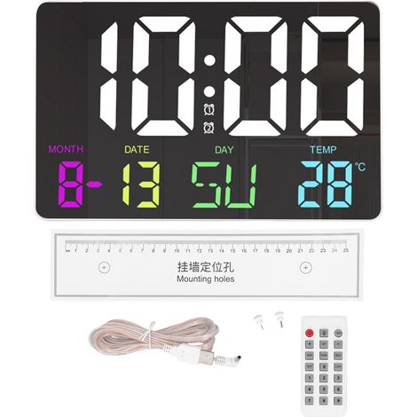 Digitale Wanduhr mit Fernbedienung, anpassbarem RGB-LED-Display, 5 Helligkeitsstufen, Datums- und Temperaturanzeige, großer Wecker für Wohnzimmer oder Büro, 5-V-Netzteil, Weiß (1/5)
