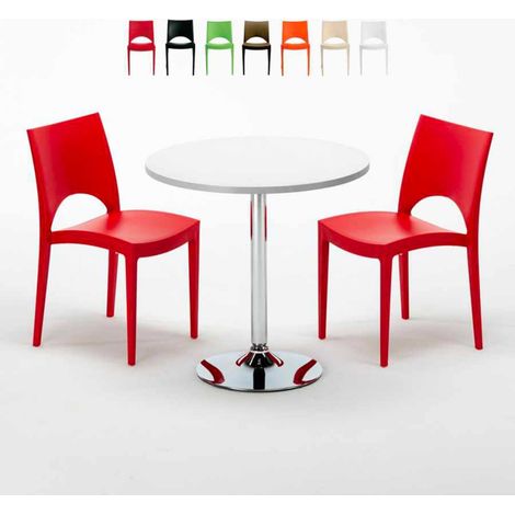 Table Ronde Blanche 70x70cm Avec 2 Chaises Colorées Grand Soleil Set Intérieur Bar Café Paris Long Island - Rouge (1/5)