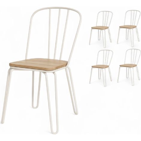 Set di 4 sedie in stile industriale in metallo bianco opaco con seduta in legno chiaro – Gambe a forcina