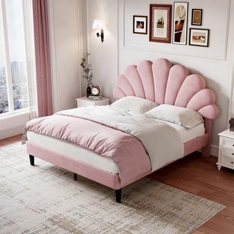 4ft6 Double Upholstered Velvet Bed Frame, with Adjustable Petal Headboard, Velvet, Pink
