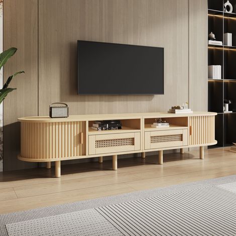 Meuble TV ovale chêne clair 170x40x40 cm avec 2 portes coulissantes, 2 tiroirs de rangement, étagères pratiques et passage câbles, finition bois