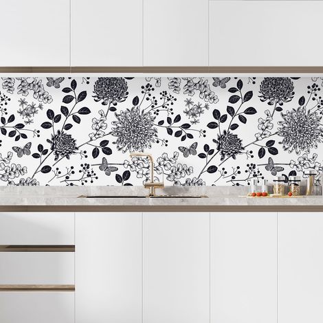 Crédence adhésive cuisine - Fleurs papillons - 50x75 cm - Adhésif BRILLANT (1/5)