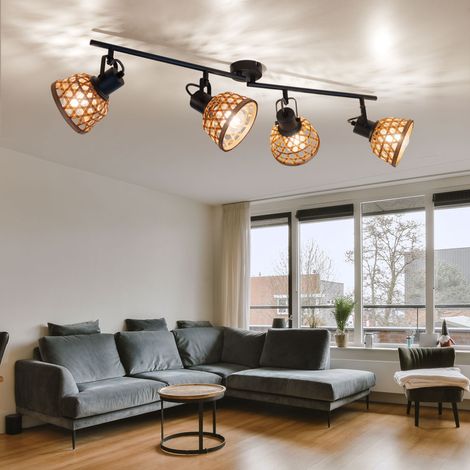 Plafoniera faretto da soffitto sala da pranzo plafoniere in rete di bambù in legno con faretti orientabili, metallo nero, 4x attacco E27, LxLxP 80x13x19 cm