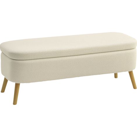 Aufbewahrungsbank, Sitzbank mit 65 L Stauraum, Teddy-Fleece-Stoff, Kautschukholz, 120 x 42 x 45 cm, Beige