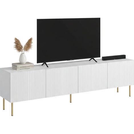 Mobile porta TV Varenna, Madia da salotto con quattro ante battenti, Rialzato da terra, 200x42 h52 cm, Bianco