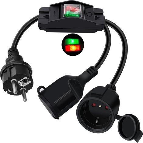 Rallonge Double Prise Schuko 16A 250V Rallonge Schuko avec Interrupteur, Rallonge Electrique IP44 pour Une Utilisation Extérieure ou Intérieure (1m) (1/5)