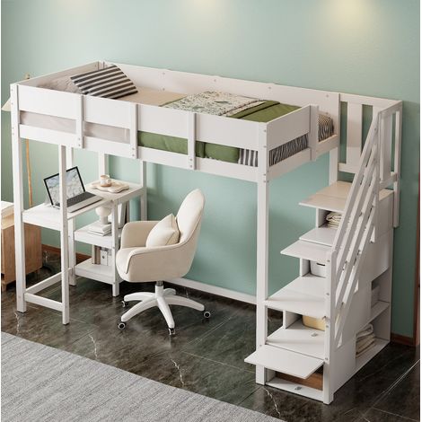 Cama alta 90x200 cm de madera maciza blanca con escalera de almacenaje y estante (1/5)