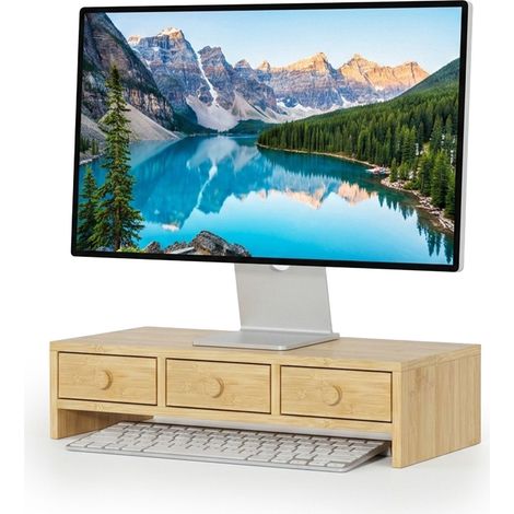 Monitor Stand with 3 Drawers, Wood Look, MDF (1/5)