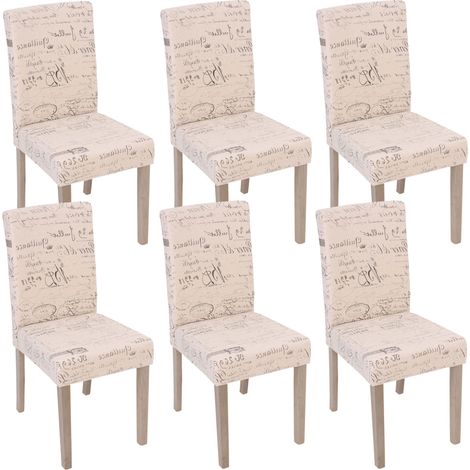 [NEUWERTIG] 6er-Set Esszimmerstuhl Littau, Stuhl Küchenstuhl Textil mit Schriftzug, creme, Beine Struktur - Eiche
