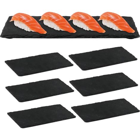 Lot de 6 Planche Ardoise Noir Assiettes Rectangulaire en Ardoise 20x10cm Plateau Apero Plat de Service Pour Buffet, Fromage, Charcuterie, Tapas, Sushis, Dessert (1/5)