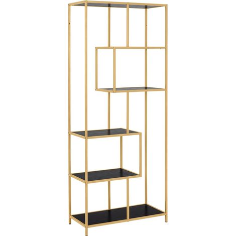 Estantería Norsica Sevferi 104, Dorado + Cenizas negro, Abierta sin pared trasera, Metal, MDF, Número de puertas: 0, Número de cajones: 0, 185x77x35cm