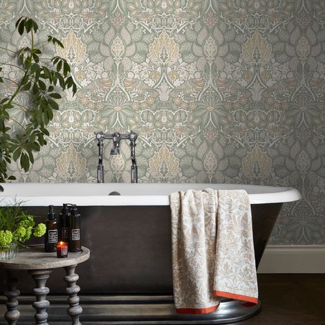 Papier peint intissé William Morris Dove & Rose Spring Garden 1005 x 52cm Vert eucalyptus, ocre, beige