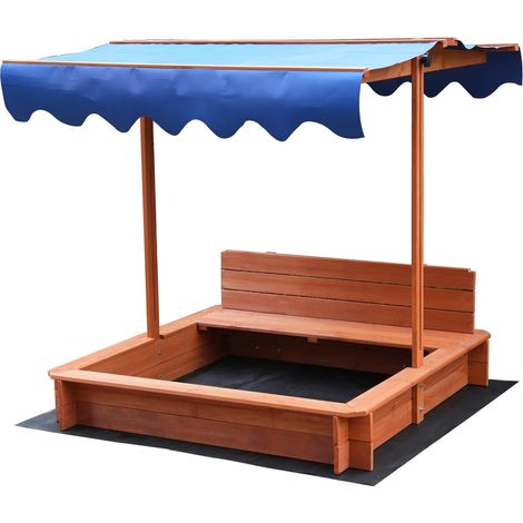 Bac à sable avec toit et banc, en bois, 114 x 114 x 114 cm, protection UV, bleu, avec tissu non tissé, le sac de sable convient uniquement aux enfants (il y a une planche à dos) (première édition) (1/5)