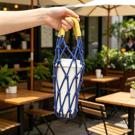 1 porte-gobelet tressé à la main avec poignée, filet réutilisable et écologique pour un gobelet, accessoire décoratif pour le transport de boissons (35 cm). (1/5)