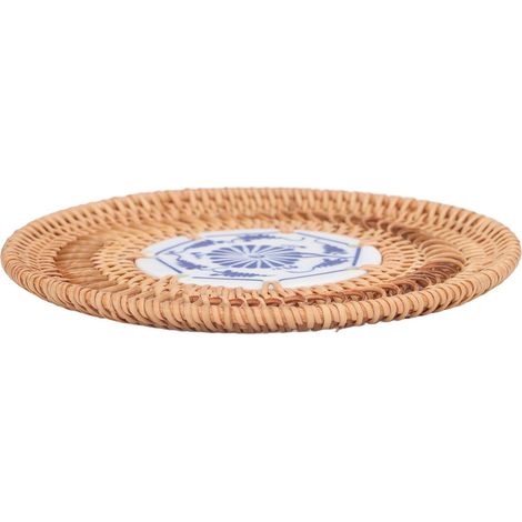 Set mit 6 vietnamesischen geflochtenen Rattan-Untersetzern, rund, mit blau-weißer Keramik, 13 cm, rutschfest, Tassenschutz, Lieferung im Luftpolsterbeutel. (1/5)