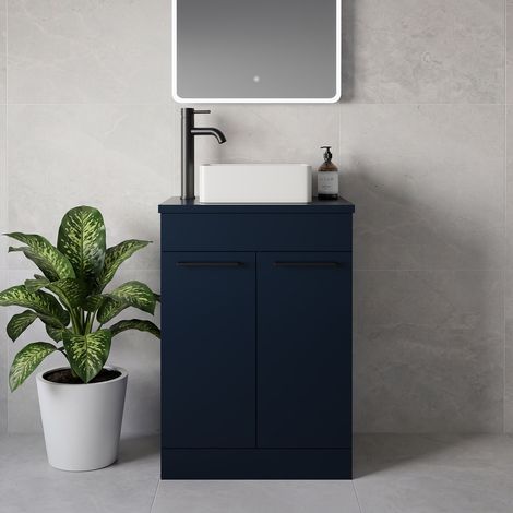 Napoli 390 Deep Blue 600mm 2 Door Vanity Unit for Countertop Basins - 600mm - Matt Black 160mm Handle