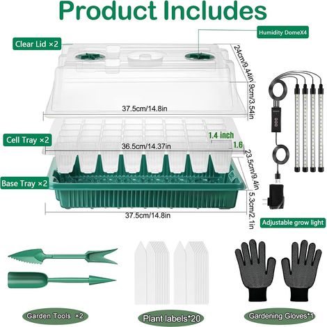 Serre pour Plantes kit,2 Pièces 80Cells Plateau de Semis,Kit de Culture Serre avec LED luminosité réglable,Température et humidité réglables,Avec étiquettes de plantes,outils de jardinage,gants (1/5)