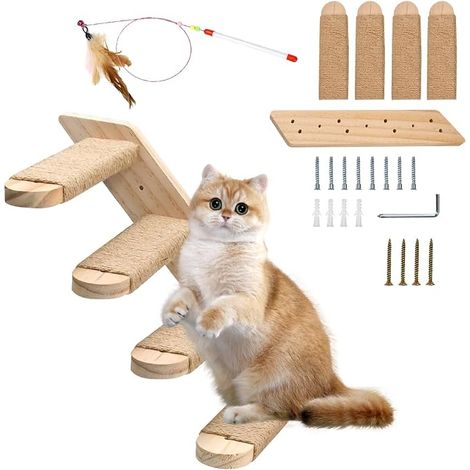 Cat Wall Shelf Cat Staircase Wooden Cat Climbing Steps Wall Climbing Frame with Cat Stick Ladder for Climbing Jumping and Playing (1/5)