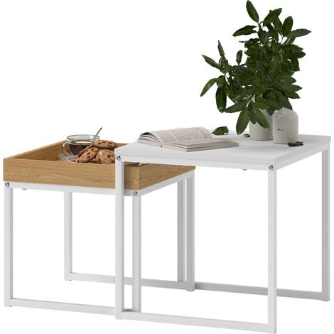 Set di 2 tavolini da caffè quadrati bianchi in MDF e metallo per piccoli spazi MODENUIT (1/5)