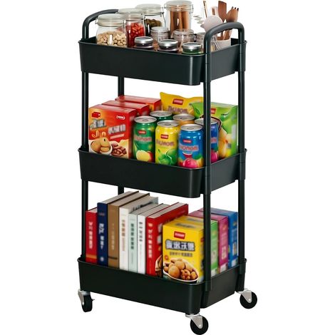 Chariot Roulant en Plastique 3 Couches, Chariot de Rangement Multifonctionnel, Bureau, Salon, Cuisine, boîte de Rangement Mobile avec Roues, 39 29 76cm, Noir (1/5)