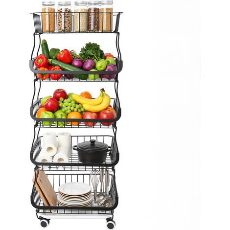 Panier de Fruits et Légumes avec Roues – Chariot de Rangement Roulant à 5 Niveaux – Avec Bac de Récupération D'eau – Pour la Cuisine, Garde-Manger, Les Toilettes (1/5)