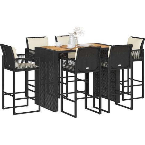 7-tlg. Gartenbar-Set mit Kissen Schwarz Poly Rattan Akazie (1/5)