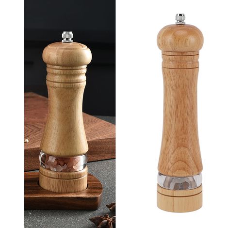 Moulin à poivre de taille moyenne avec fenêtre transparente, idéal pour l'assaisonnement, couleur bois clair. (1/5)