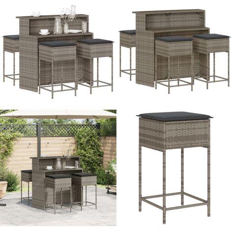 5-tlg. Gartenbar-Set mit Kissen Grau Poly Rattan - Gartensets - Gartenmöbel - Esstisch - Barhocker - Outdoor Furniture - Home & Living (1/5)