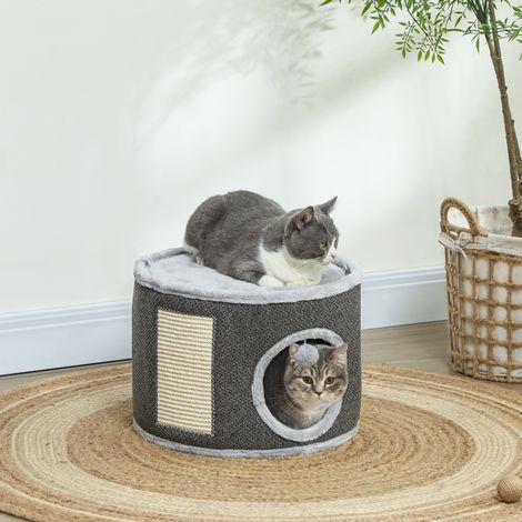 Grotte pour chat, 2 niveaux, maison pour chat, peluche, coussin, griffoir en sisal, Ø 40 x 30 cm (H), gris foncé