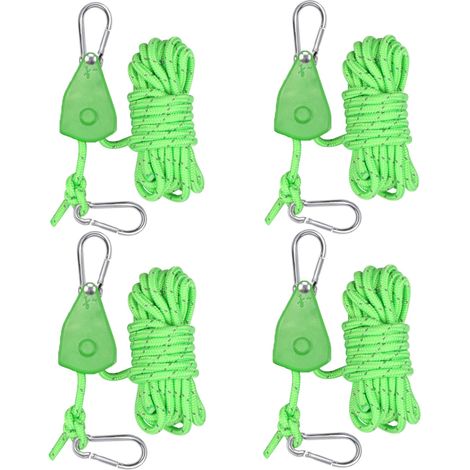 Lot de 4 cordes réglables à cliquet avec tendeurs de corde, sangles à cliquet suspendues, réfléchissantes, légères, avec crochets, pour tentes de camping, auvents vert, 4 mm x 4 m (1/5)