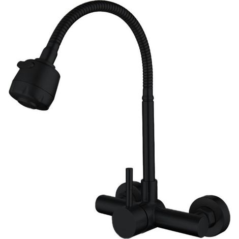 Grifo de cocina de pared, acero inoxidable, cabezal de ducha giratorio multidireccional, doble salida, color negro.